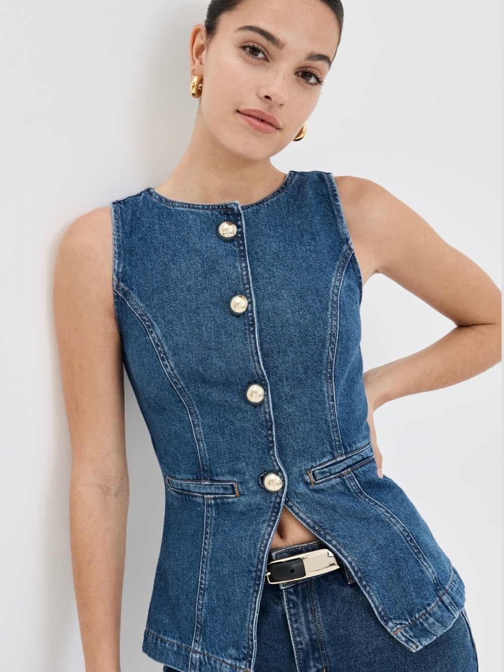 Reformation Dark Blue Denim Button-Front Jeans Ophelia denim Top NWT - Picture 4 of 12